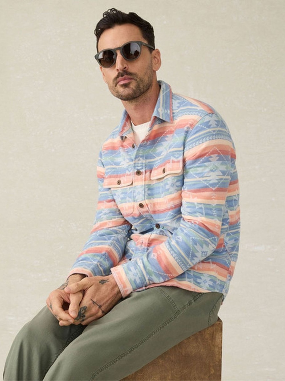 🌿 Faherty Doug Good Feather Canyon Overshirt Men's Large Geometric Pattern